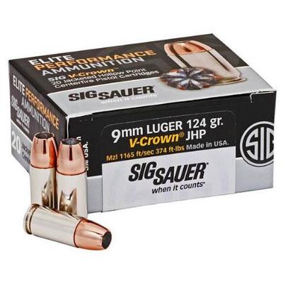 SIG Sauer 9mm Luger Ammunition 20 Rounds, V-Crown JHP, 124 Grains       E9MMA2-20